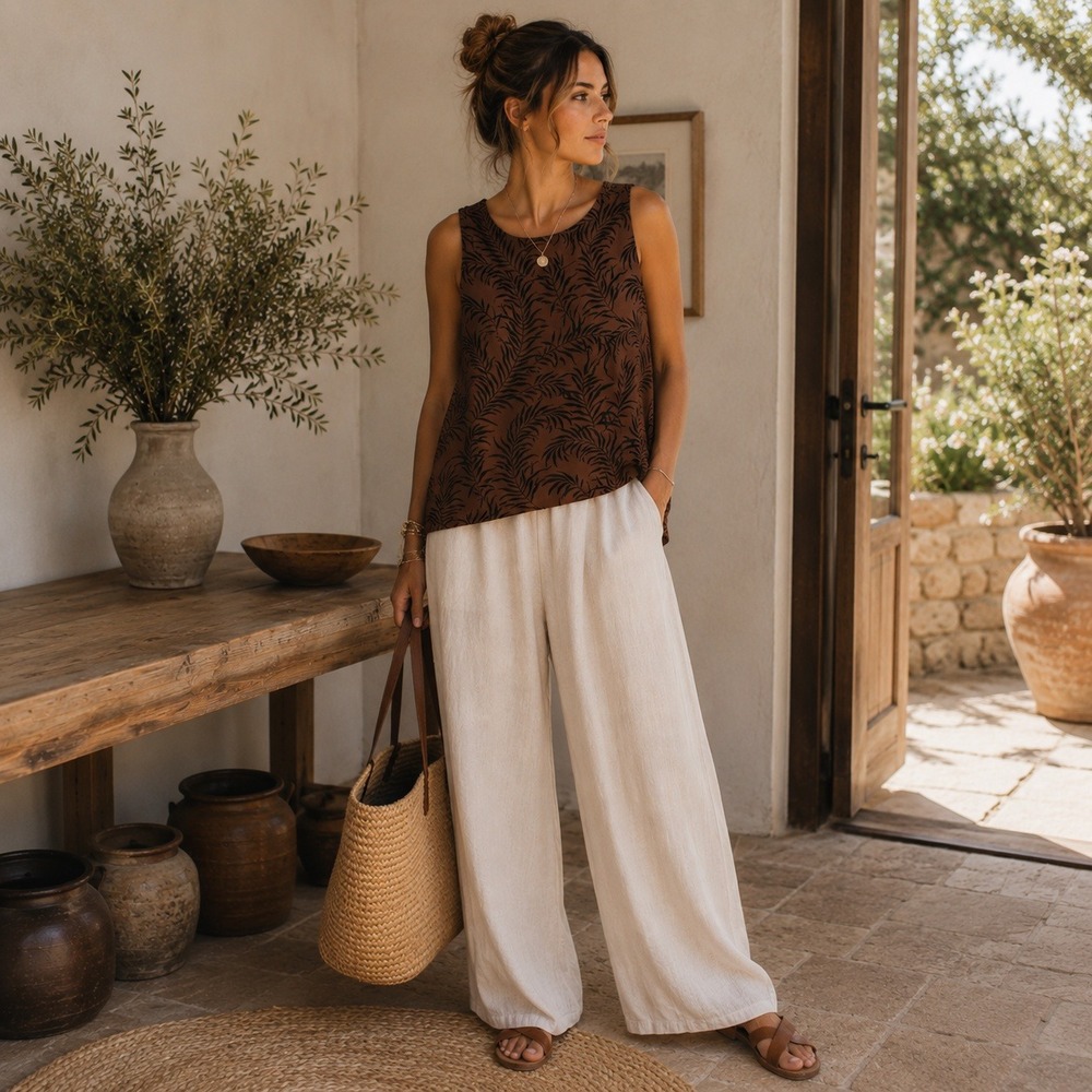 Outerknown Brown Palm Leaf Print Tencel Tank Top Womens XL Boho, Sustainable